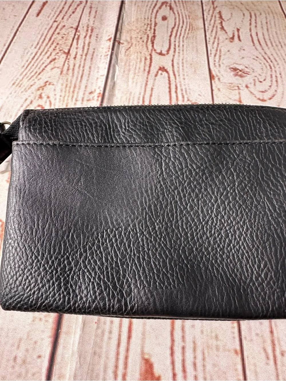 Olivia + Joy Black Pebbled Leather Wristlet Clutch with Gold Logo